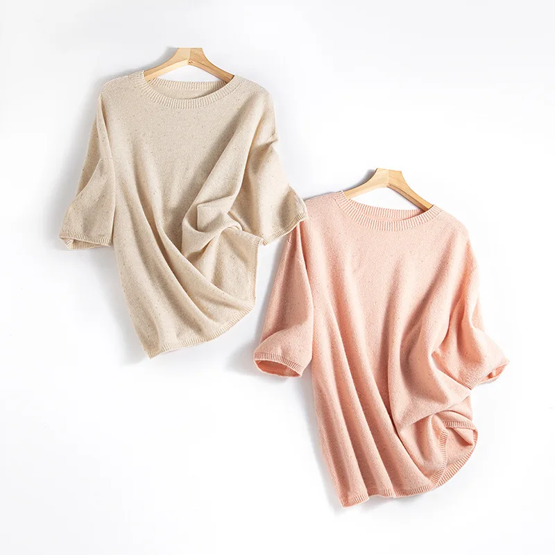 Spring Seamless 100% Wool Sweater Women Round Neck 5/4 Sleeves Knitted Pullover Tops