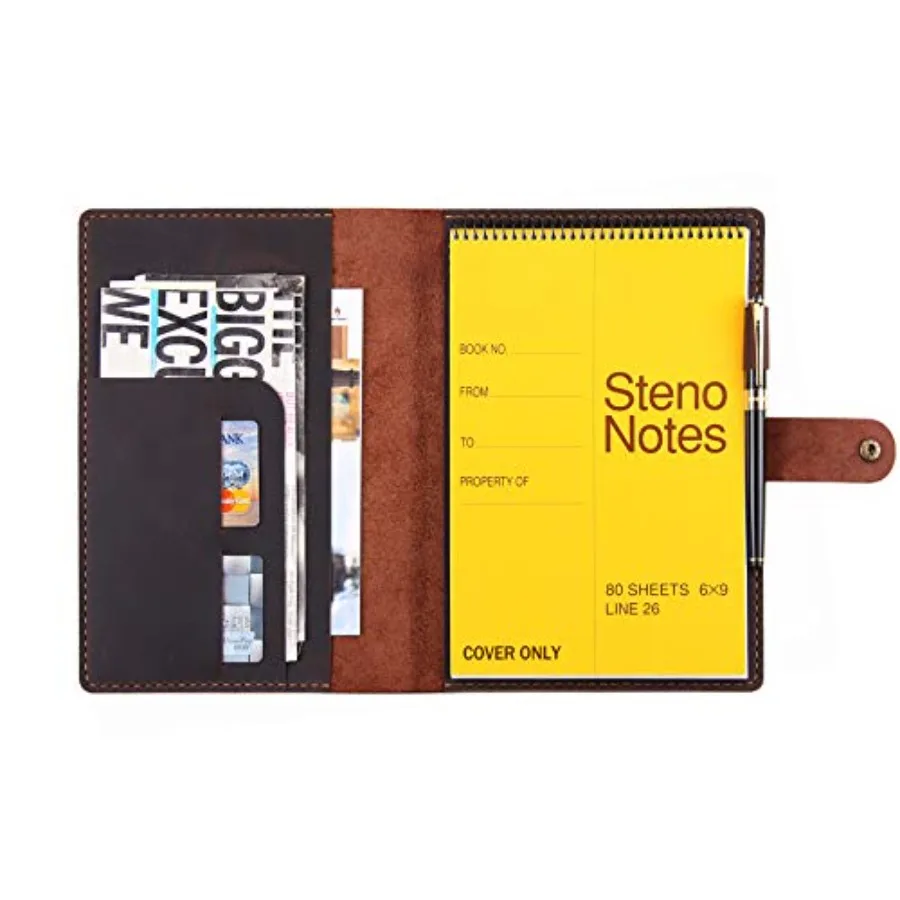 

Leather Cover for 6"x9" Steno Notebook Leather Folio Cover Compatible with 6x9 Spiral Steno Pads A5 Notebook Organizer with Pen