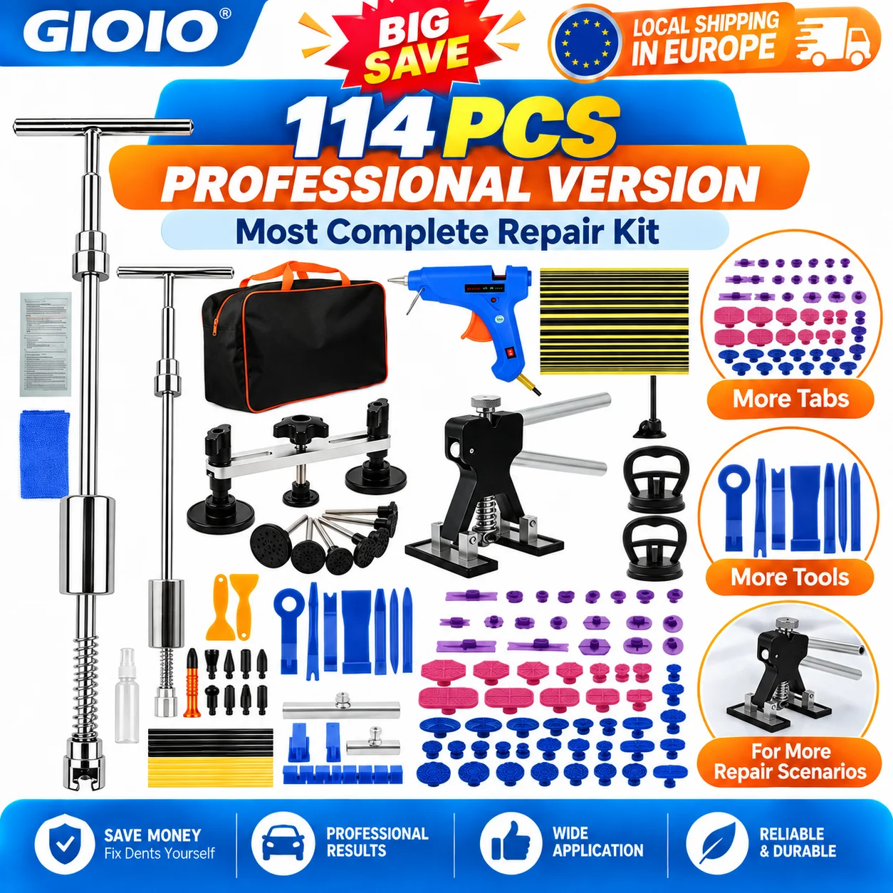 Kit professionale GIOIO per la riparazione di ammaccature senza verniciatura, set di strumenti per la rimozione di ammaccature su auto, con ponte dorato per sollevare le ammaccature, pistola per