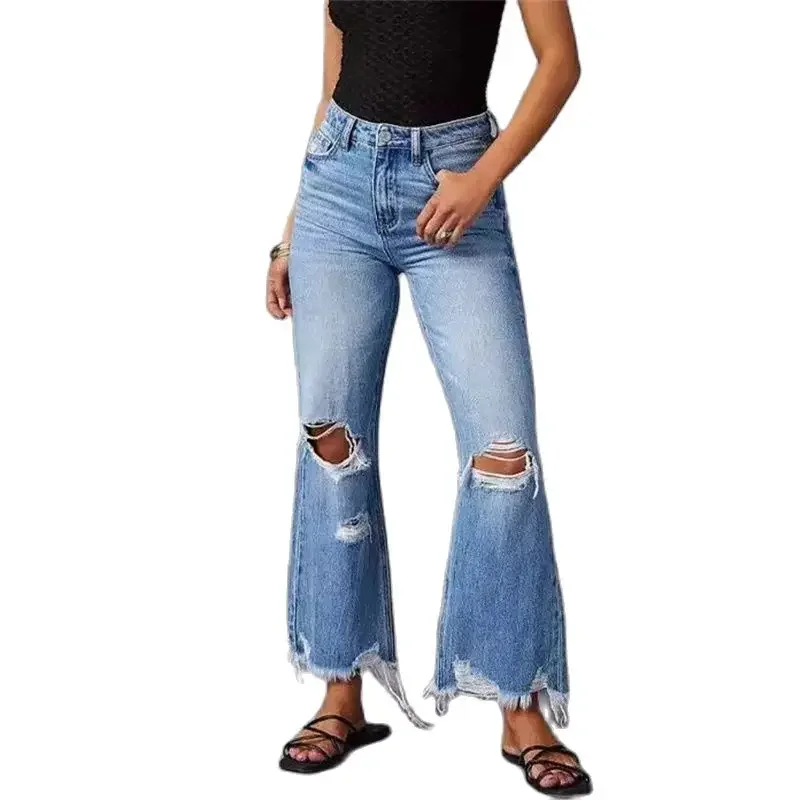 

Fashion Knee Broken Holes Hollow Out Straight Jeans Women Tassel Decoration Irregular Trouser Leg Denim Pants Female Trousers 24