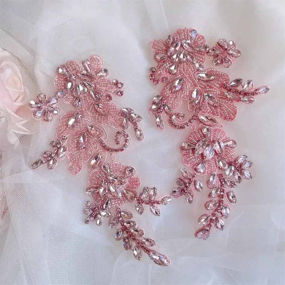 1 Paar handgenähte Glasbohrer-Spiegelblumen, funkelnde Strass-Blumen, Mäntel, Bündchen, Schultern, Hochzeitskleid, DIY-Patch RS4208