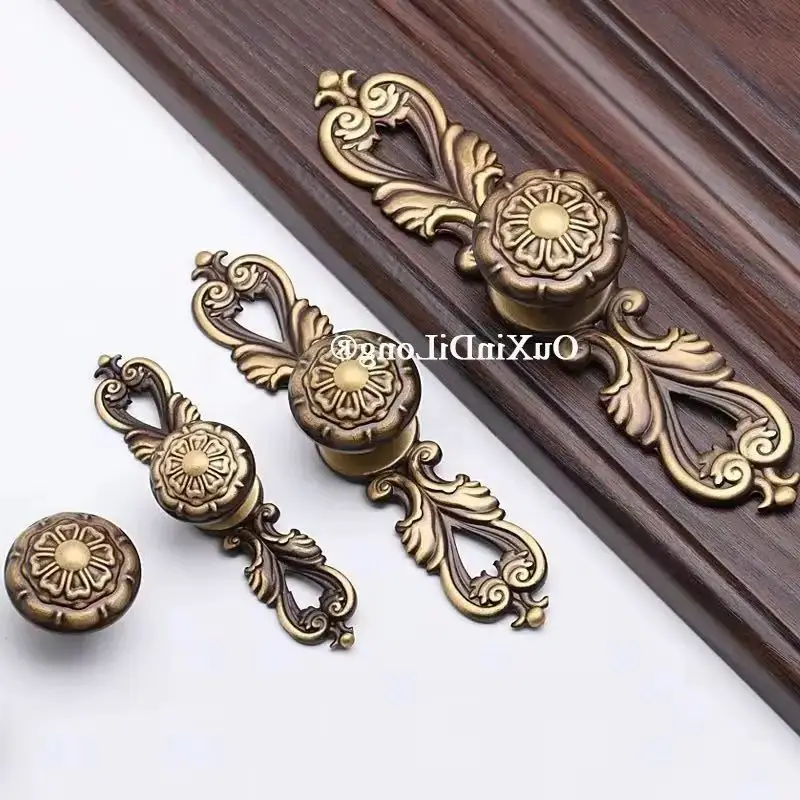 Retro 4PCS Solid Brass Antique Furniture Pulls Handles Drawer Knobs Cupboard Wardrobe Closet Dresser TV Cabinet Pulls Knobs