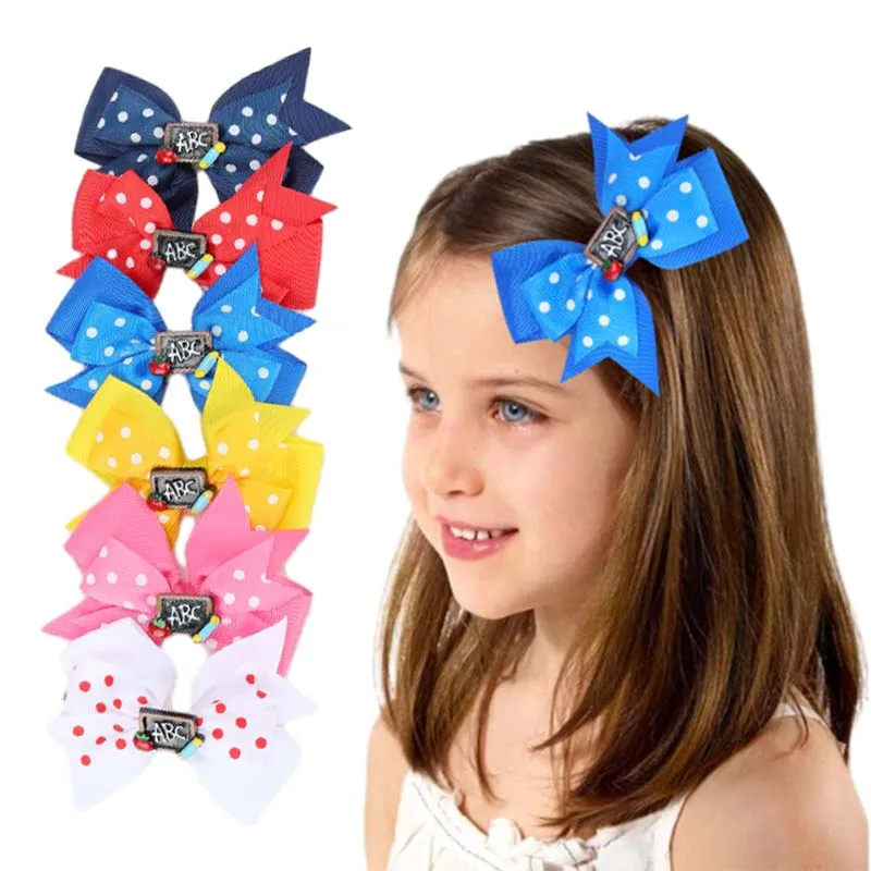 

ncmama 6Pcs/set Back To School Ribbon Bows Hair Clips for Baby Girls Handmade Bowknot Hairpin Mini Barrettes Hair Accessories