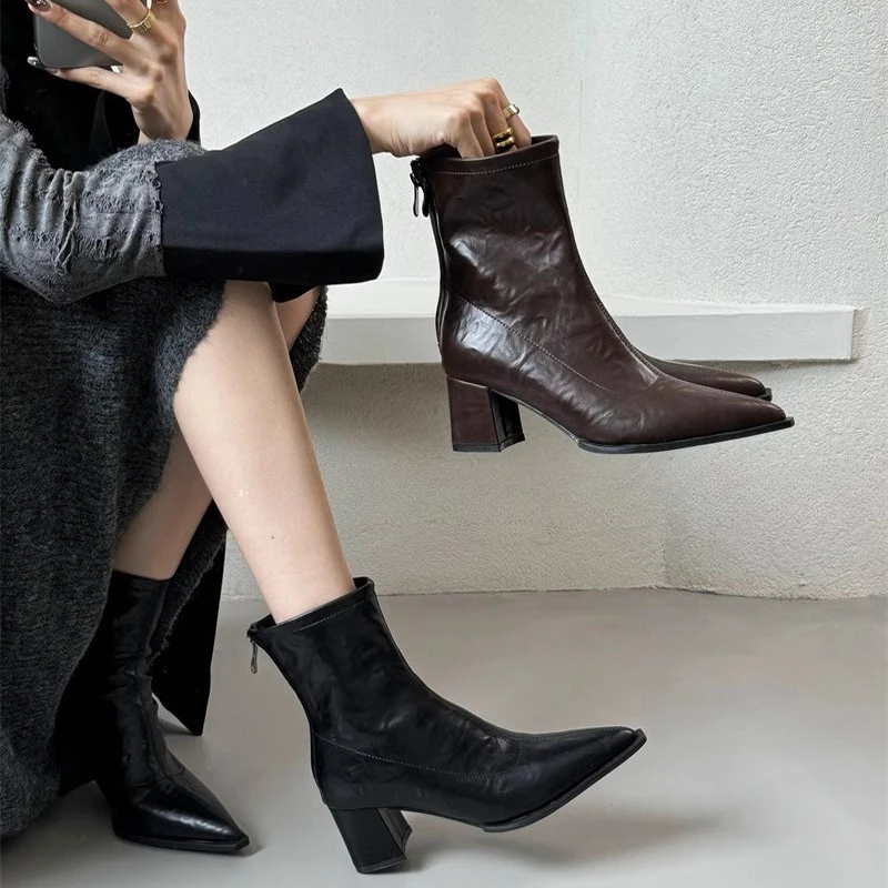Botines de tacón alto con punta estrecha para mujer, botines cortos ajustados elegantes, zapatos de mujer para Otoño e Invierno