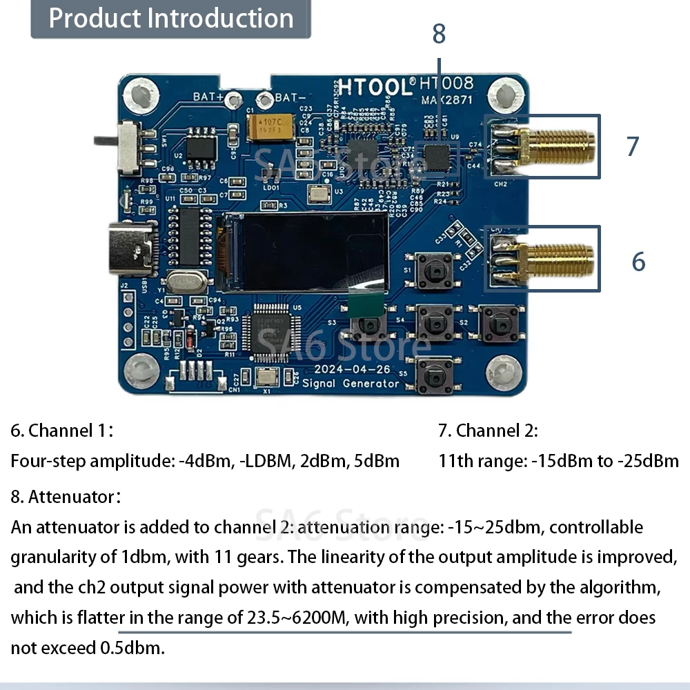 HT008 RF Signal Source Generator Frequency 23.5-6000Mhz Serial Port Control MAX2871 2870