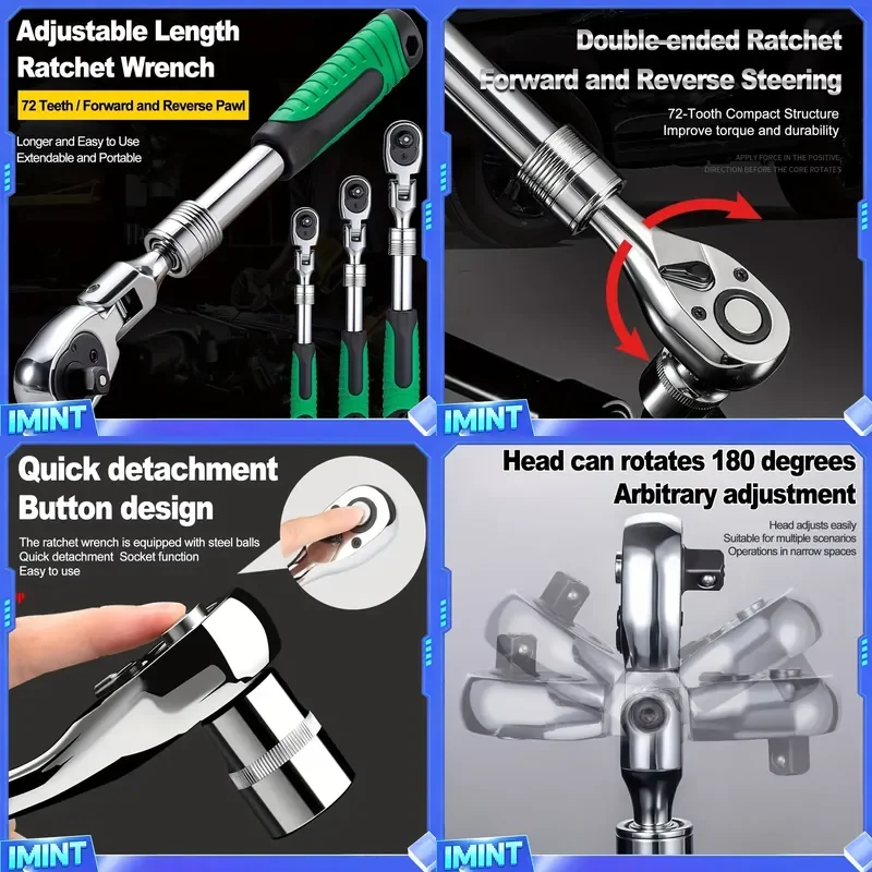 

72-Tooth Ratchet Wrench Set, Chrome Vanadium Steel, Automatic Two-Way Mechanism, Stretchable, Ergonomic Grip, with Quick