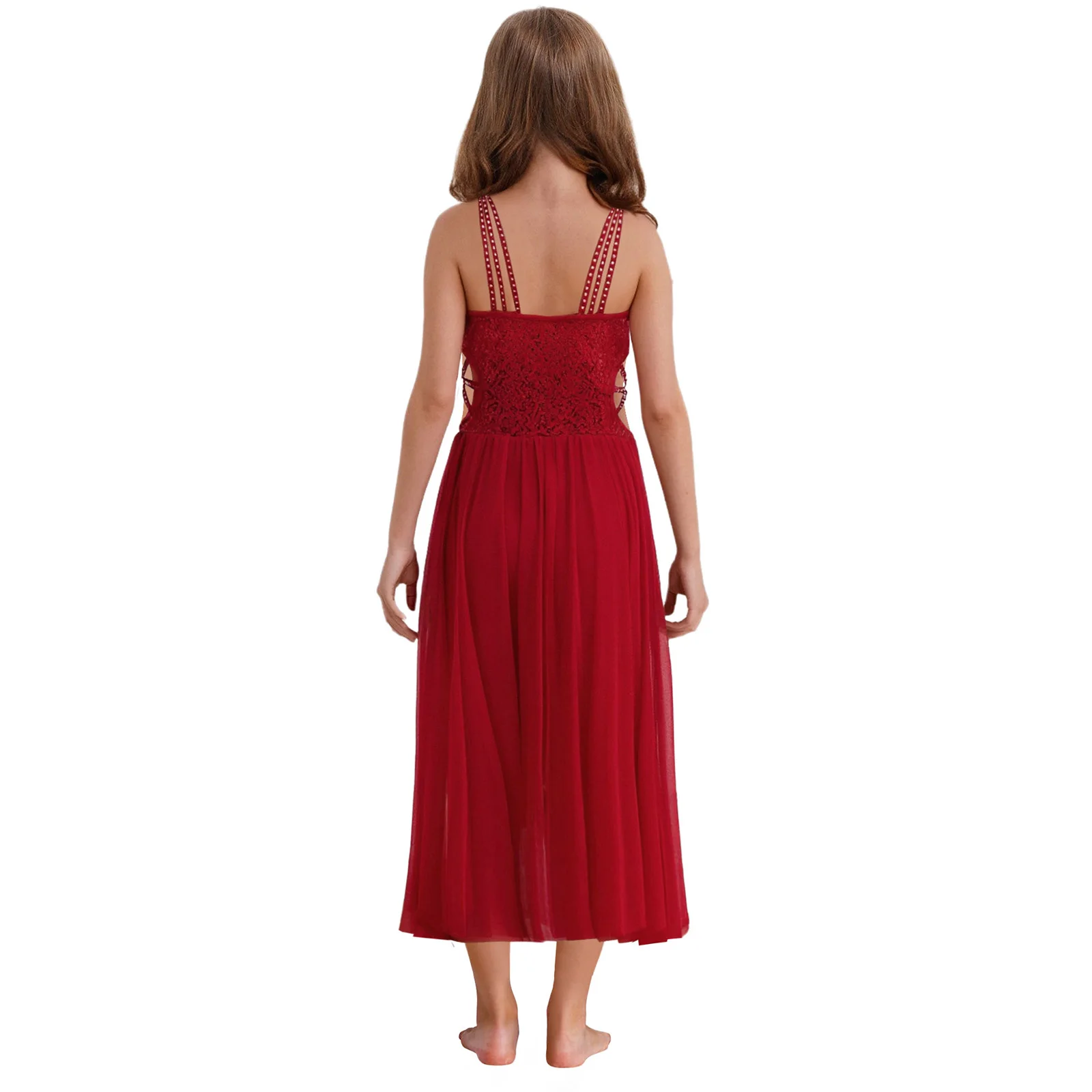 أطفال بنات فستان الباليه بلا أكمام صد الجانب سبليت شبكة غنائية ملابس رقص التزلج المعاصرة ثياب فستان Dancewear #3