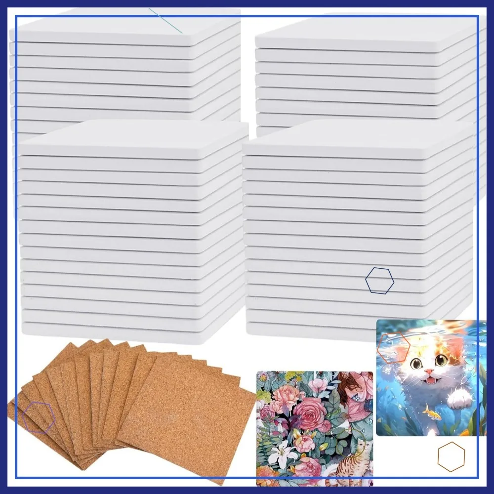 

60 Pcs 4x4 White Ceramic Tiles for DIY Crafts, Painting, and Coasters with Cork Backing
