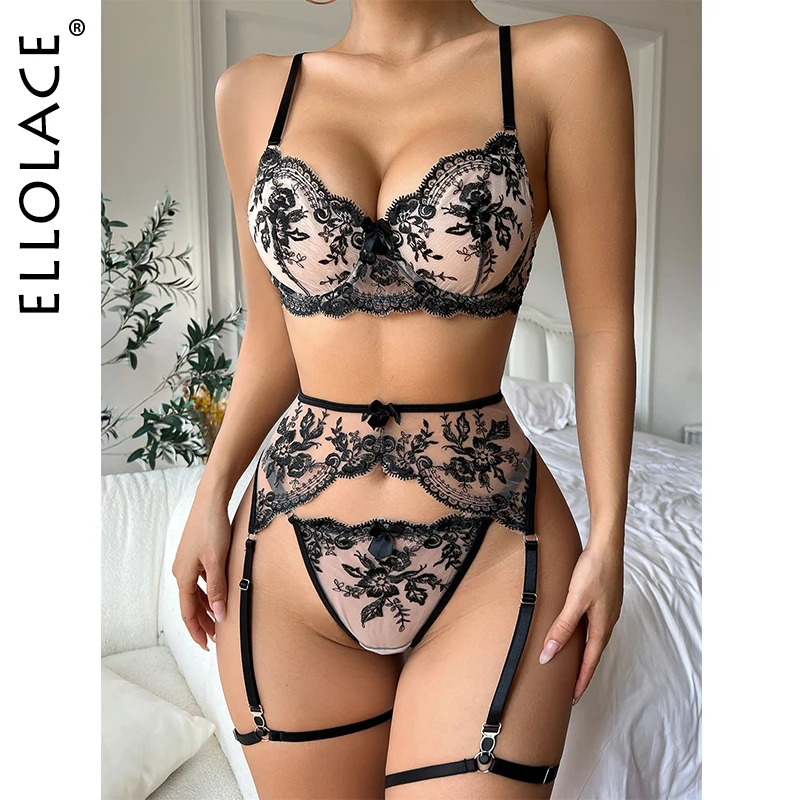 Ellolace Delicate Lingerie Fancy Lace Underwear 3-Piece Transparent Bra And Panty Set Uncensored Garter Luxury Intimate