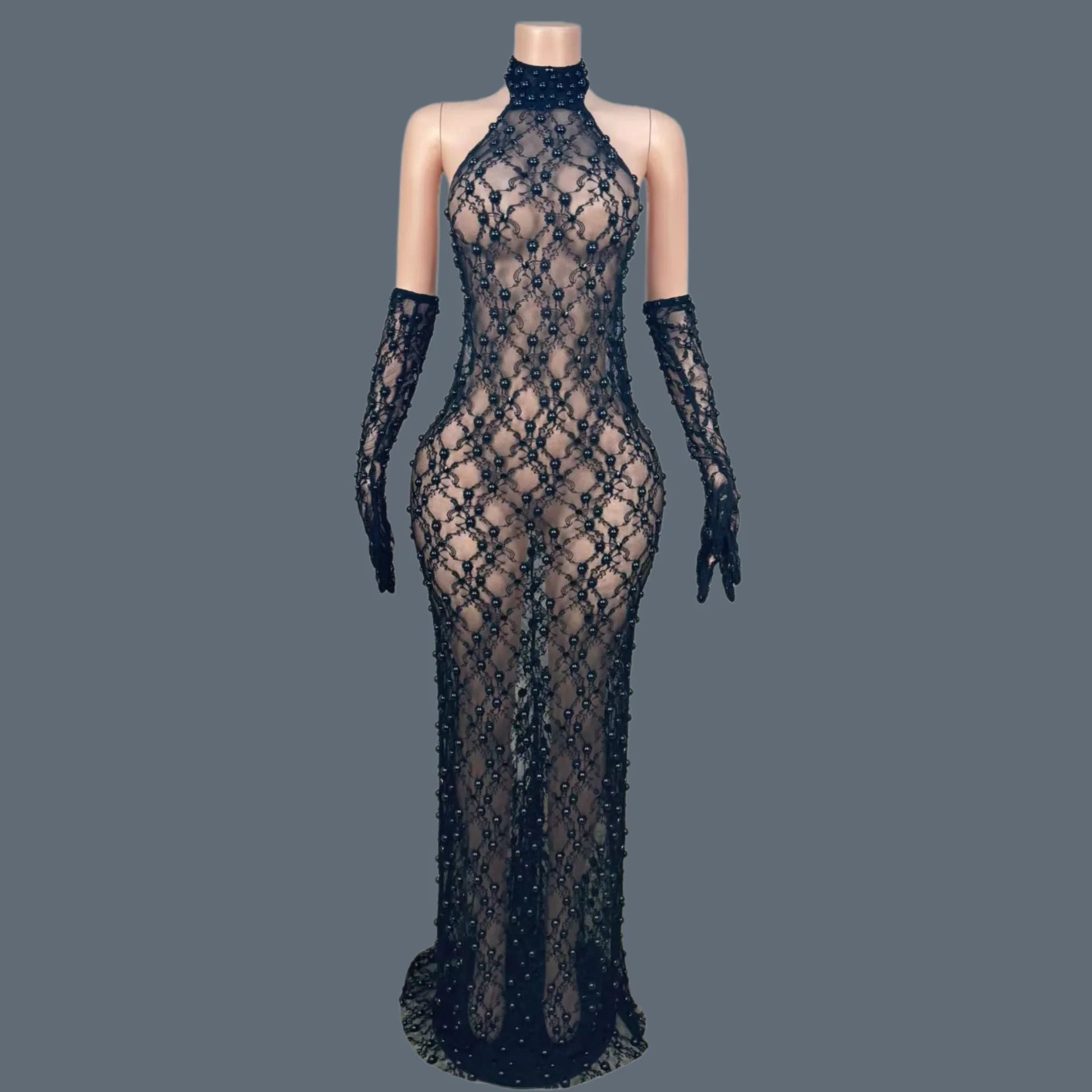 

Party Women Black Transparent Mesh Lace Evening Gown With Gloves Sexy Backless Elegant Attractive Pearls Long Dresses Heileisi