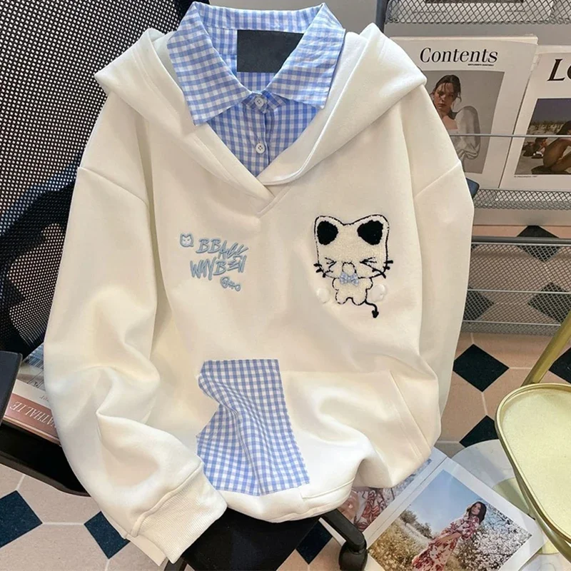 Autumn Cute Cat Hoodies Women Letter Plaid Patchwork Sweatshirt Fashion Casual Female Loose Long Sleeve Kawaii Embroidery Tops