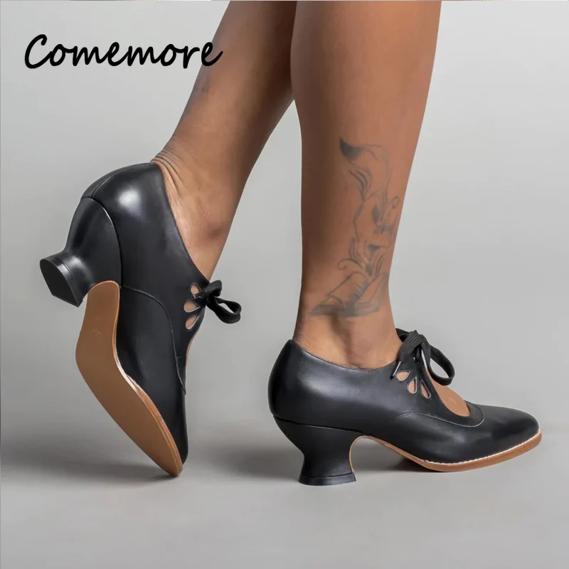 Comemores Woman Vintage Lace Up Low Heel Dress Zapatos Ladies Design Butterfly Wing Derby Shoes Retro Mary Jane Pump Plus Size