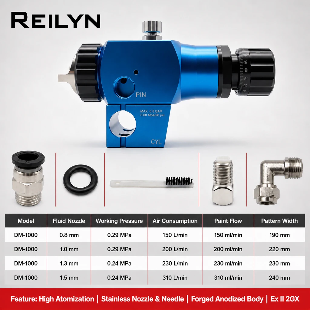 Reilyn Dm-1000 Automatic Spray Gun Kit Stainless Nozzle Forged Anodized Body Spray Gun with 4pcs Needle