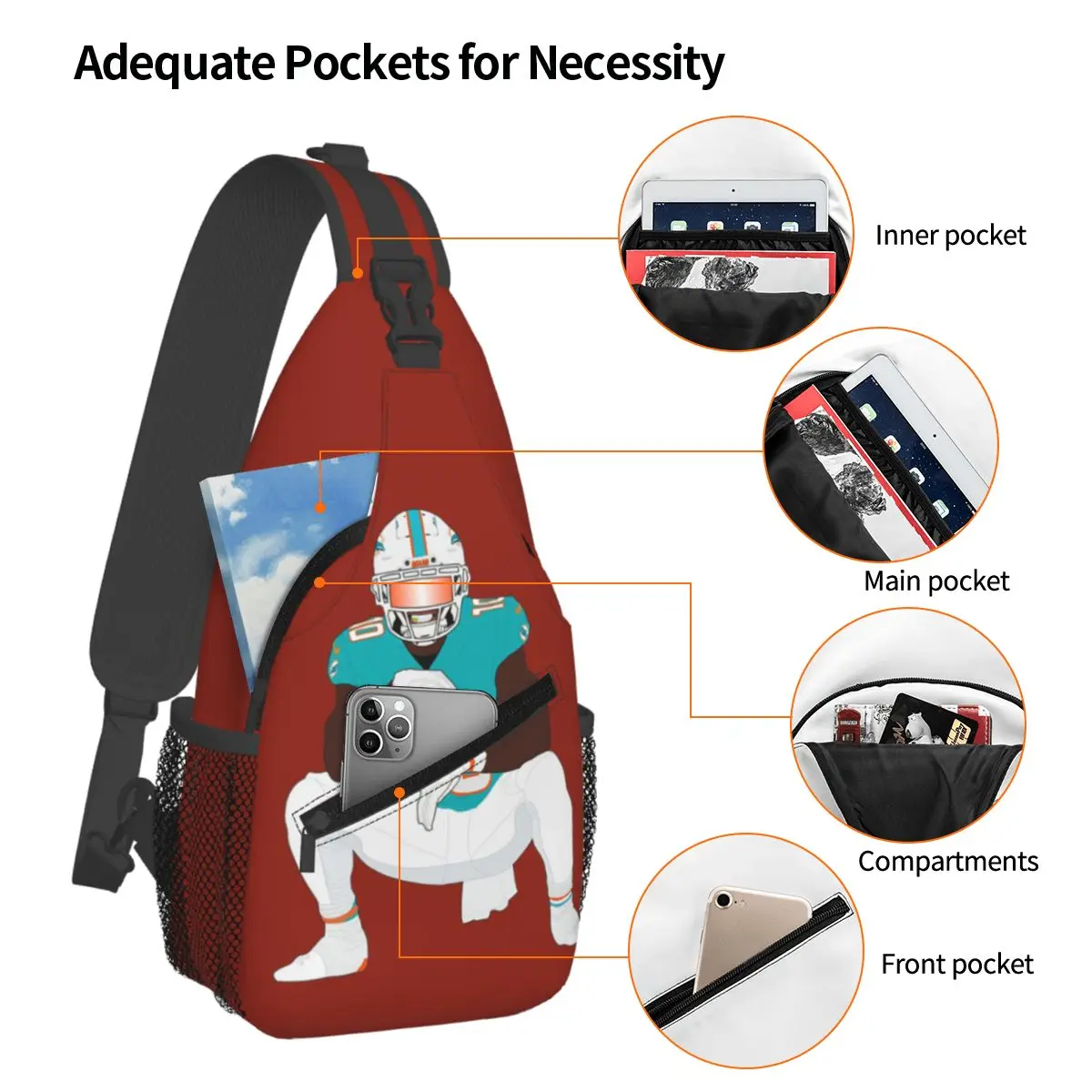 Tyreek Hill Dolphins Chest Bag Men Sling Crossbody Backpack Chest Bag Traveling Hiking Daypack Shoulder Bag