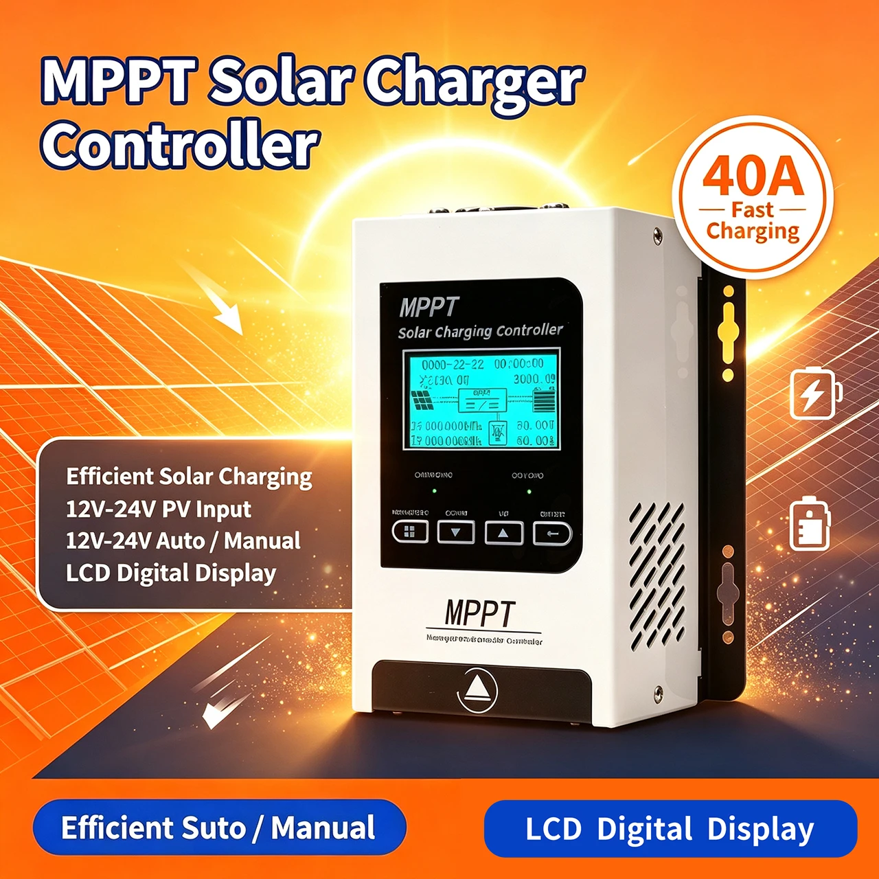 MPPT 40A  Solar Panels Smart Solar Charge Controller 12V 24V for  MPPT LiFePO4 Lithium Battery, LCD Screen