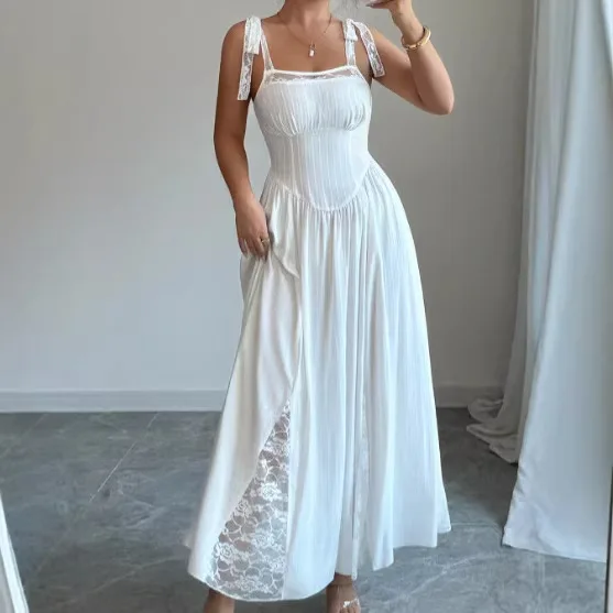 

2026 Women's Summer New Holiday Halter Lace Splicing Suspender Waist Long Dress