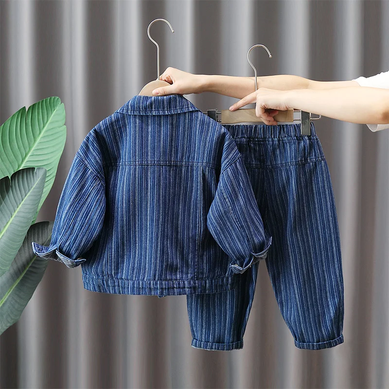 Fashion Boys Denim Jacket Set Spring Autumn Striped Jacket +Jeans 2Pcs Suits 2-10Years Old Boys Casual Set Outfit