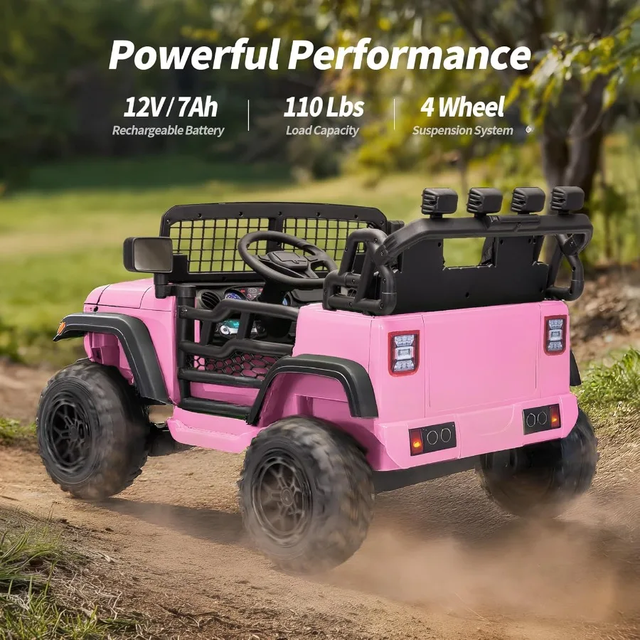 2人乗り乗用玩具車 12V電動カー 4～8歳向け リモコン付き 耐荷重110ポンド LEDライト - ライトピンク