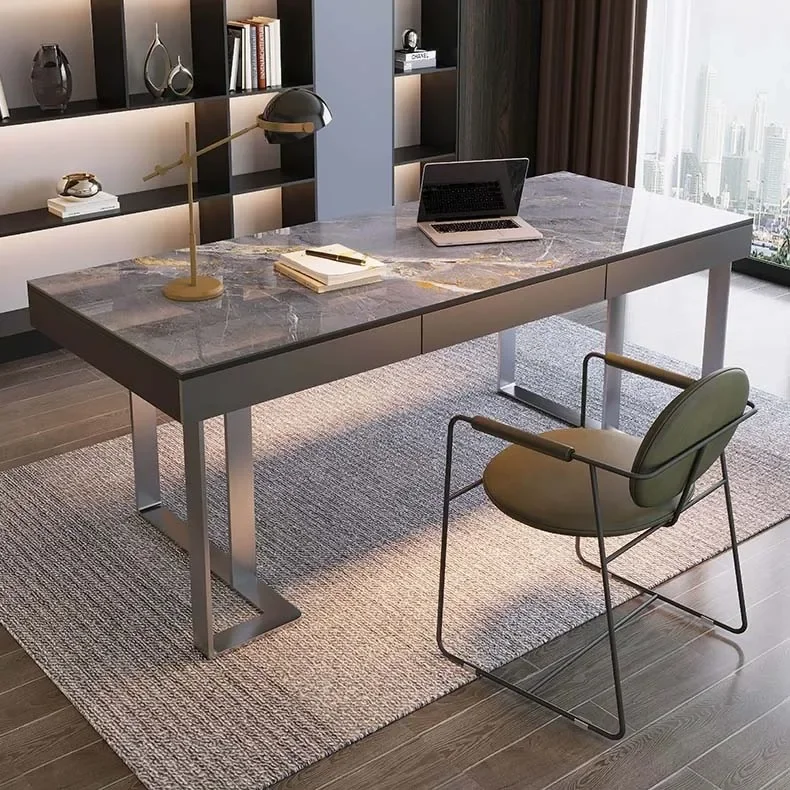 Modern Luxury Stainless Steel Executive Working Office Desk Rock Plate Desk Nordic Simple High-end Writing Desk With Bookcase