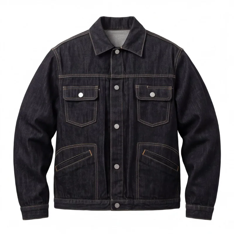 OIQERE Mens American Vintage Raw Denim Jacket Loose Versatile Regular Shoulder Pocket Stylish Casual Jean Outerwear Tops