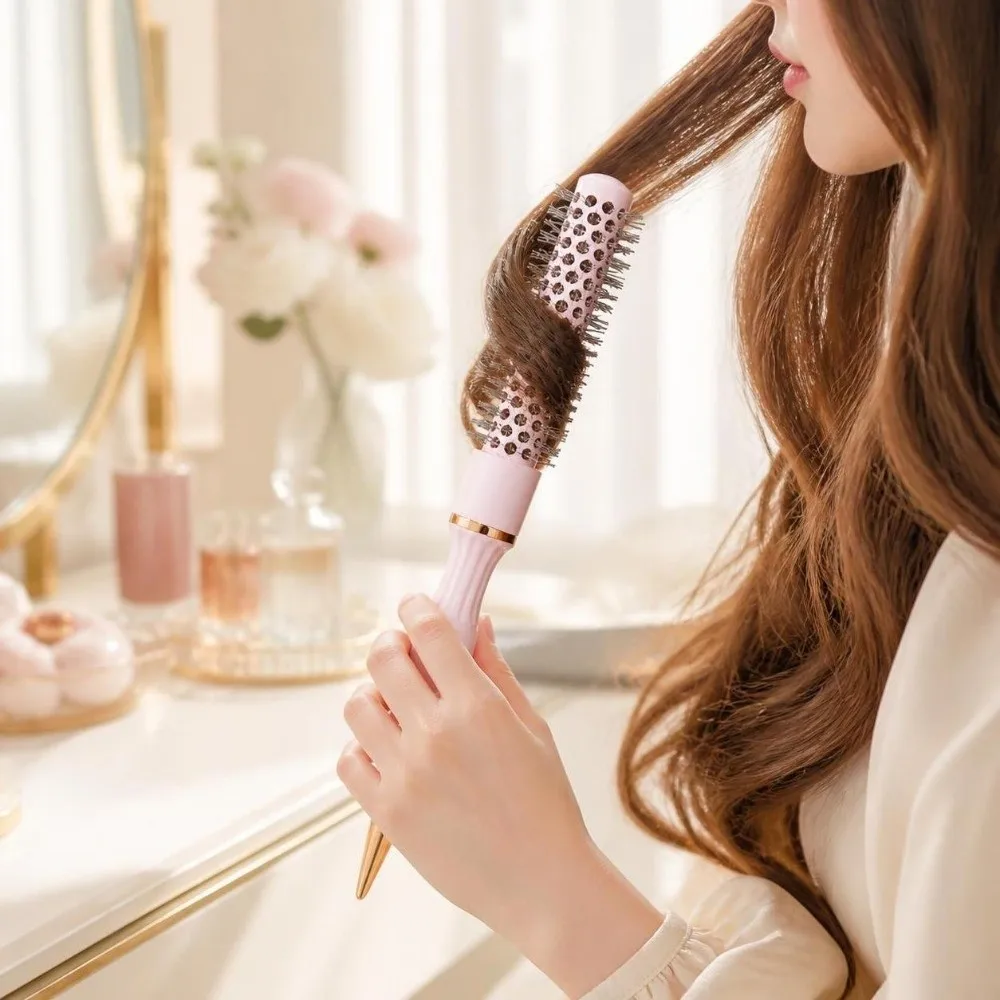 Aluminum Tube Curly Hair Roller Comb Round Professional Blow Dry Brush Breathable Heat-Conducting Curling Roller Comb Short Hair