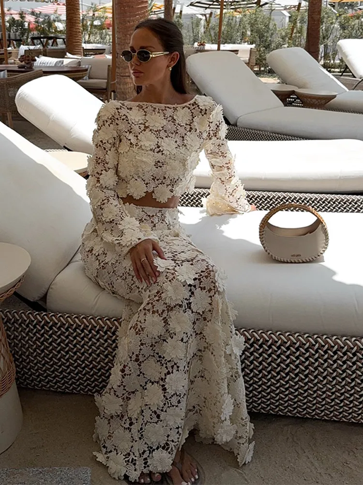 

Hollow Out Crochet Top Skirt Women Set Long Sleeve O-neck Backless Tank Hip Package Long Skirts 2025 Summer Elegant Lady Suits