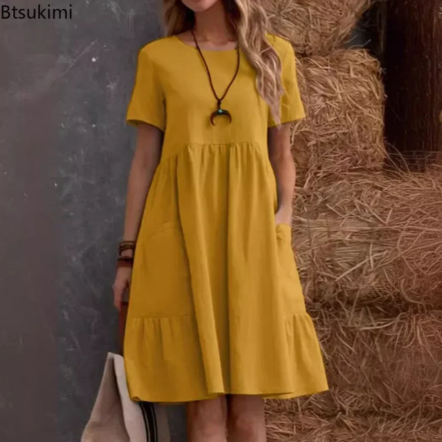 

2025 Women' Oversize Summer Sundress Elegant O Neck Short Sleeve Solid Kaftan Dress Casual Loose Knee-length Vestido Robe Femme