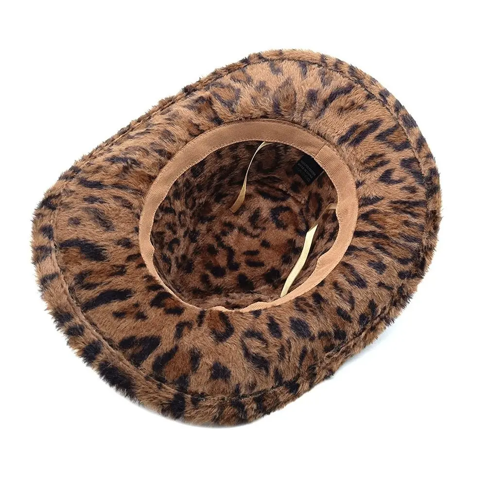 Leopard Print Faux Fur Cowboy Hat Windproof Fluffy Wide Brim Cowboy Cap Bull Head Decoration Rivet Detail