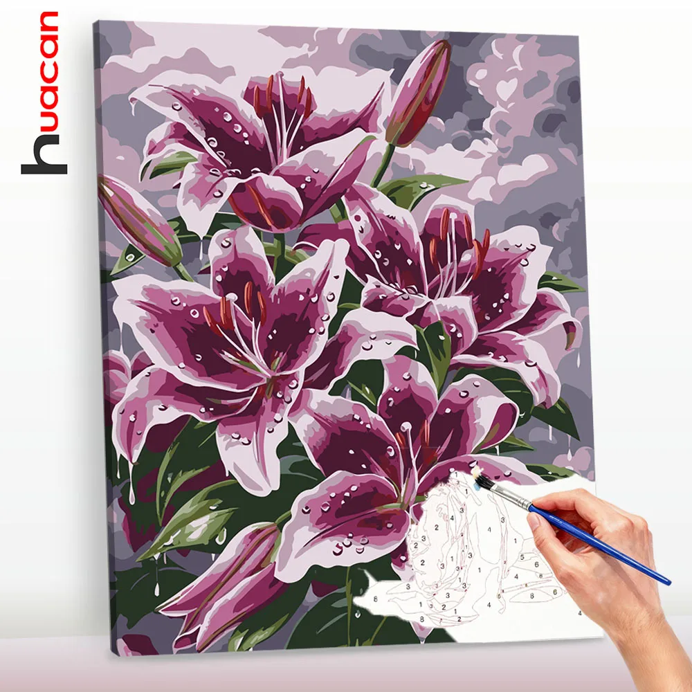 Huacan Malerei, Malen nach Zahlen, Lilienblume, Farbe, Kunstbedarf auf Leinwand, handgefertigte Wanddekoration ﻿