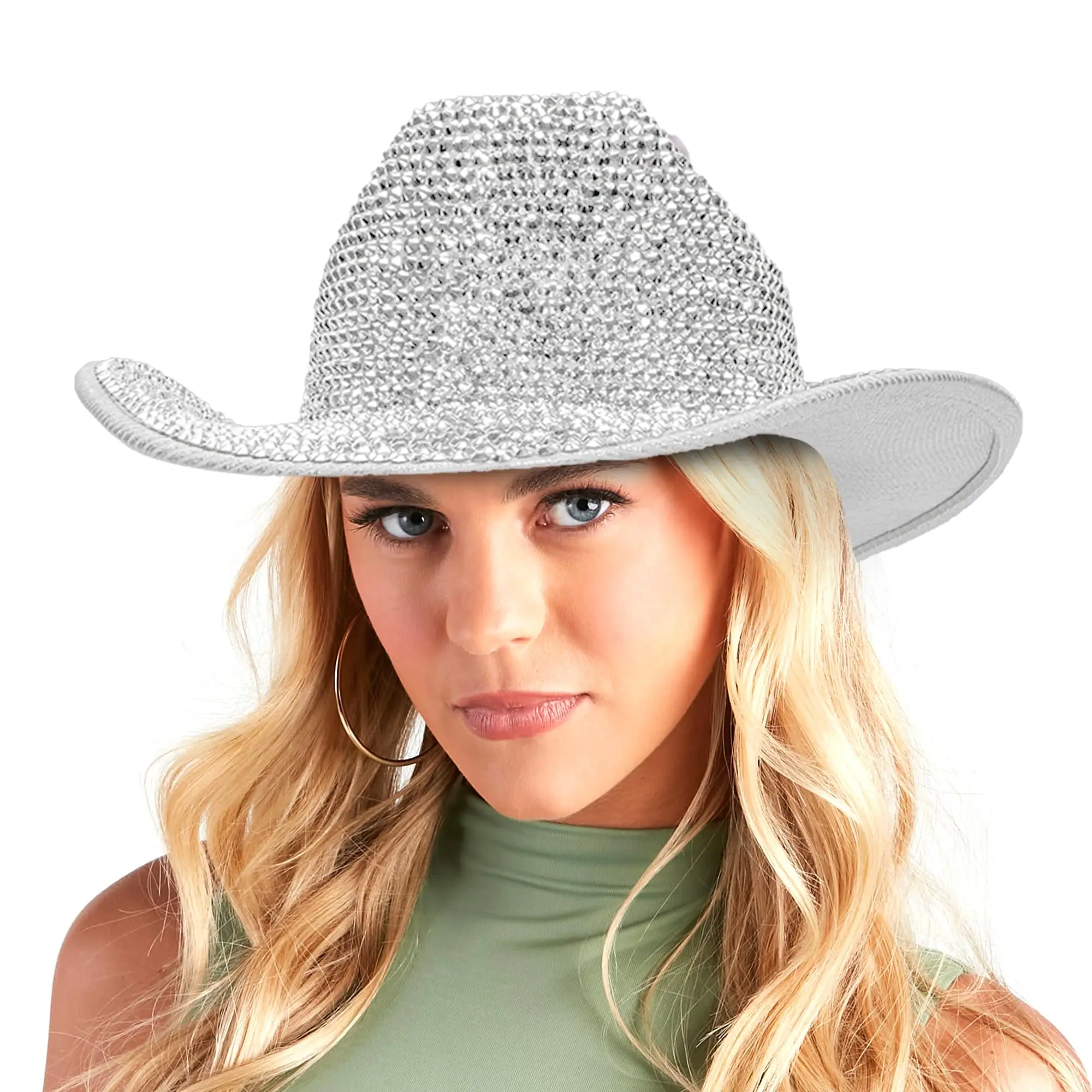 Kapelusz kowbojski z dżetami i diamentowym frędzlem, błyszczący kapelusz kowbojski z szerokim rondem w stylu western na cosplay, wesele.
