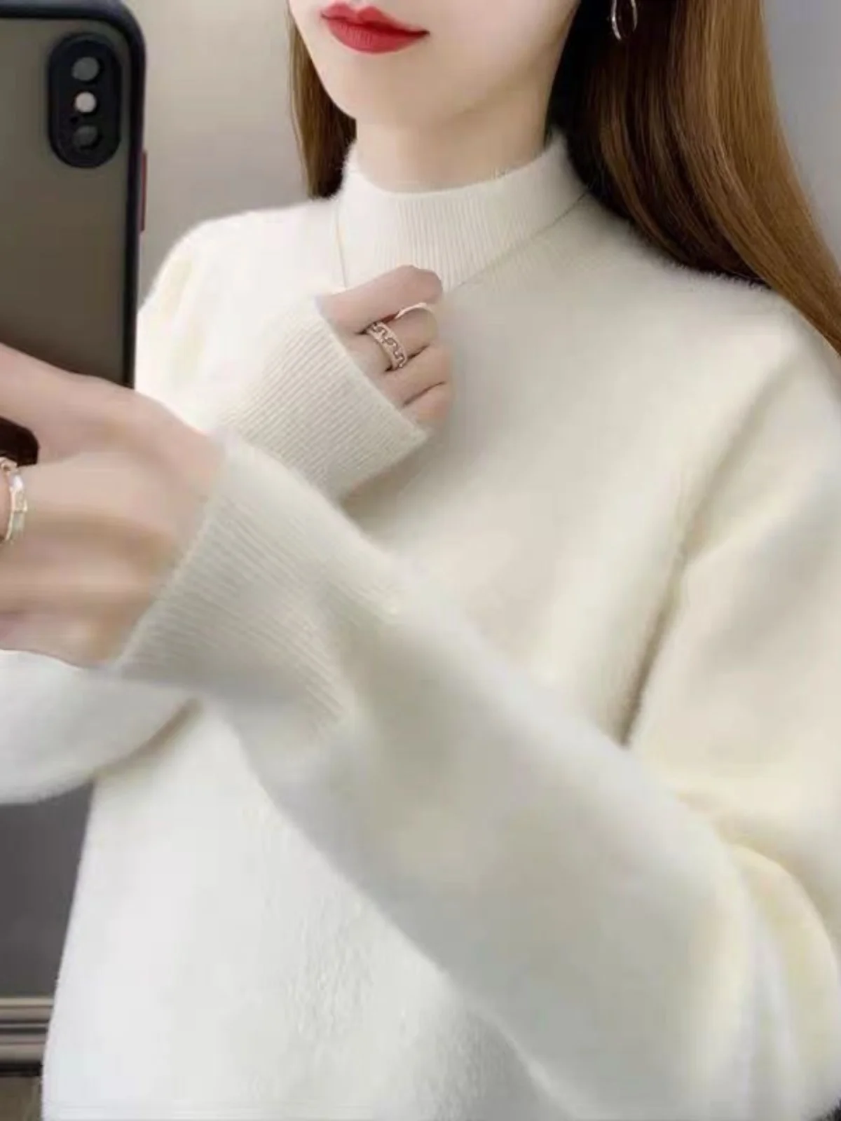 

Women's Water Rabbit Fur Knitwear f High Collar Base irt Autumn Winter New Sle Overhead Outdoor Wear Thi Top