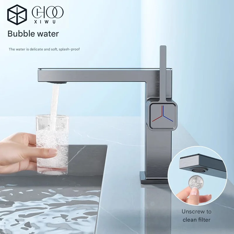 Pistola cinza display digital torneira da bacia preto display de temperatura do banheiro pia misturador água quente & fria senso de tecnologia guindaste