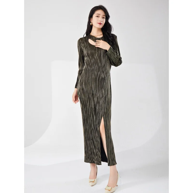 Miyake Summer Women's Dress High end Long sleeved Split Gold Plated Fashion and Elegant formal attire [24422zsj-Z4009]