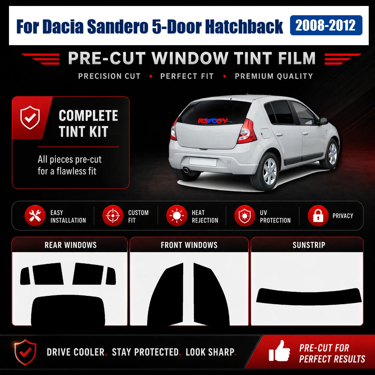 For Dacia Sandero 5-Door Hatchback 2008-2012 Precut Tint Film Complete Window Custom Cut Kit