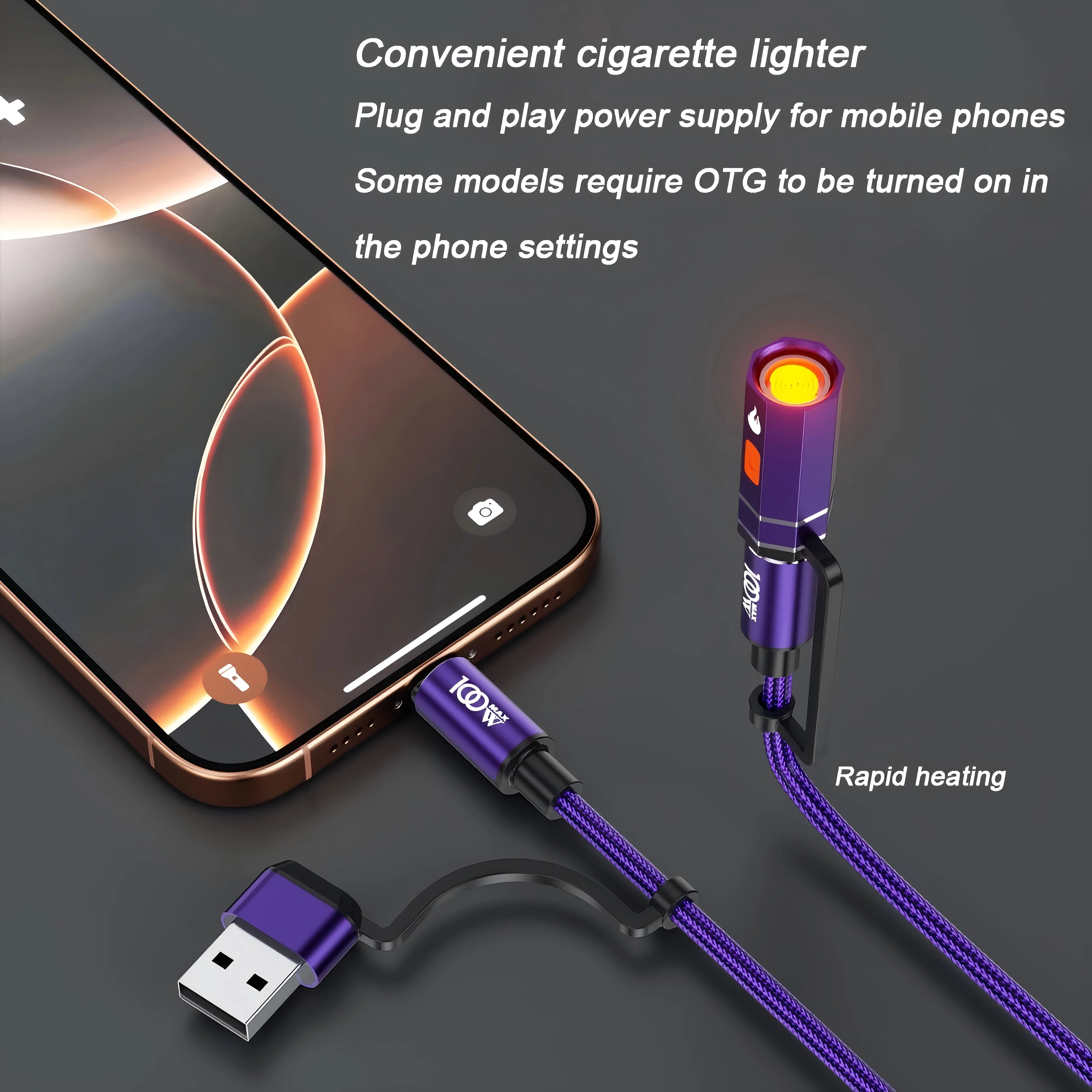 5-in-1 Multi Charging Cable, 100W Fast Charge Nylon Braided Cord with Built-in Flashlight & Igniter, Flip Tethered Connectors US
