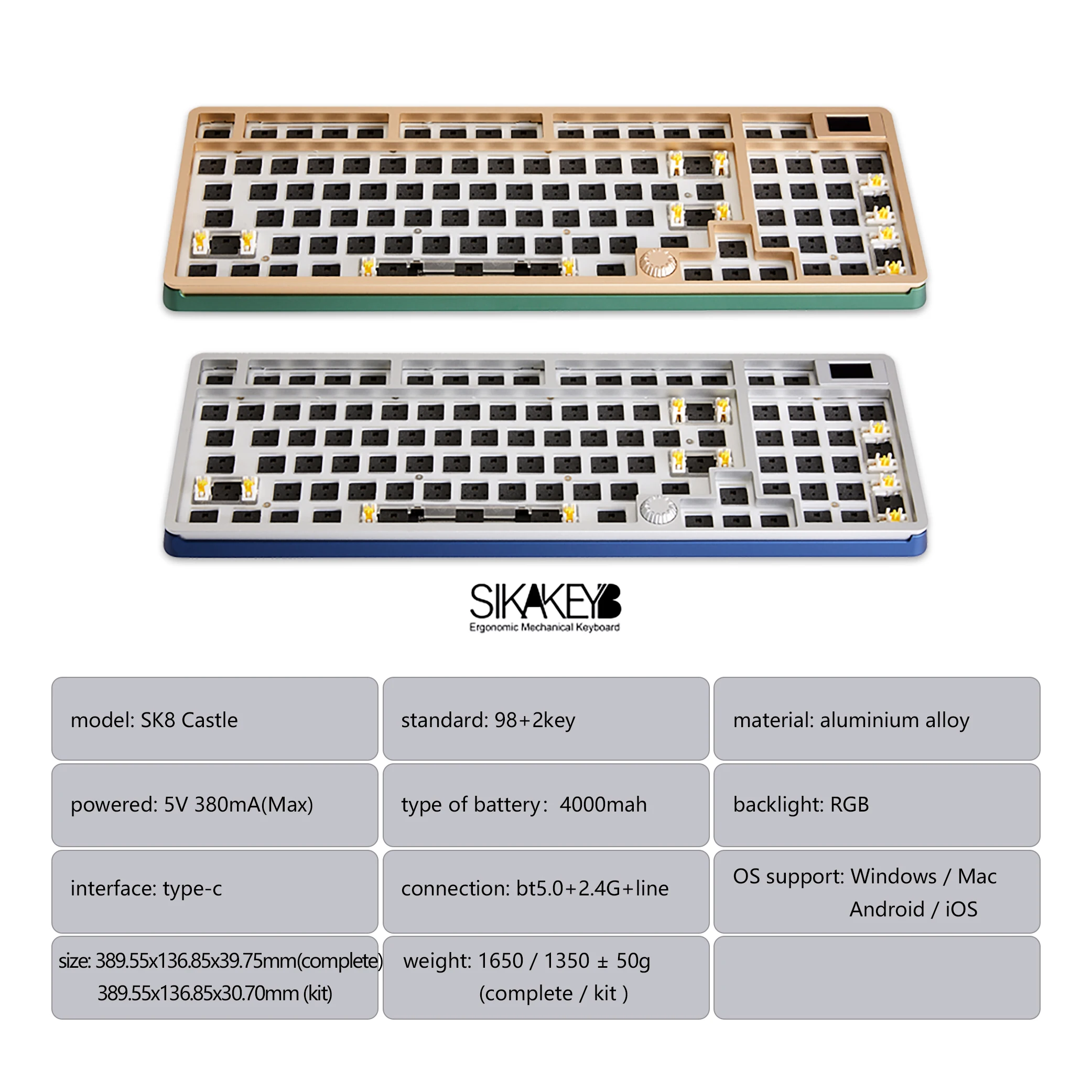 Sikakeyb Sk8 Castle Mechanical Keyboard %95 Bt Wireless 3-mode Connection Diy Kit Rgb Knob