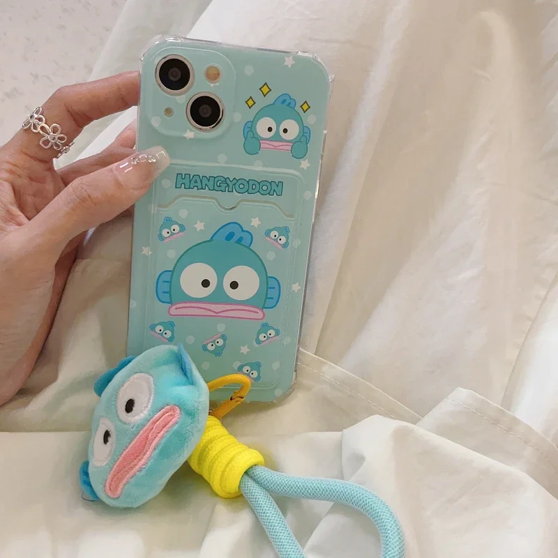 Cute Cartoon Sanrio Hangyodon Card Wallet Pocket Phone Case For iPhone 15 14 13 12 11 Pro Max Soft TPU Cover With Lanyard