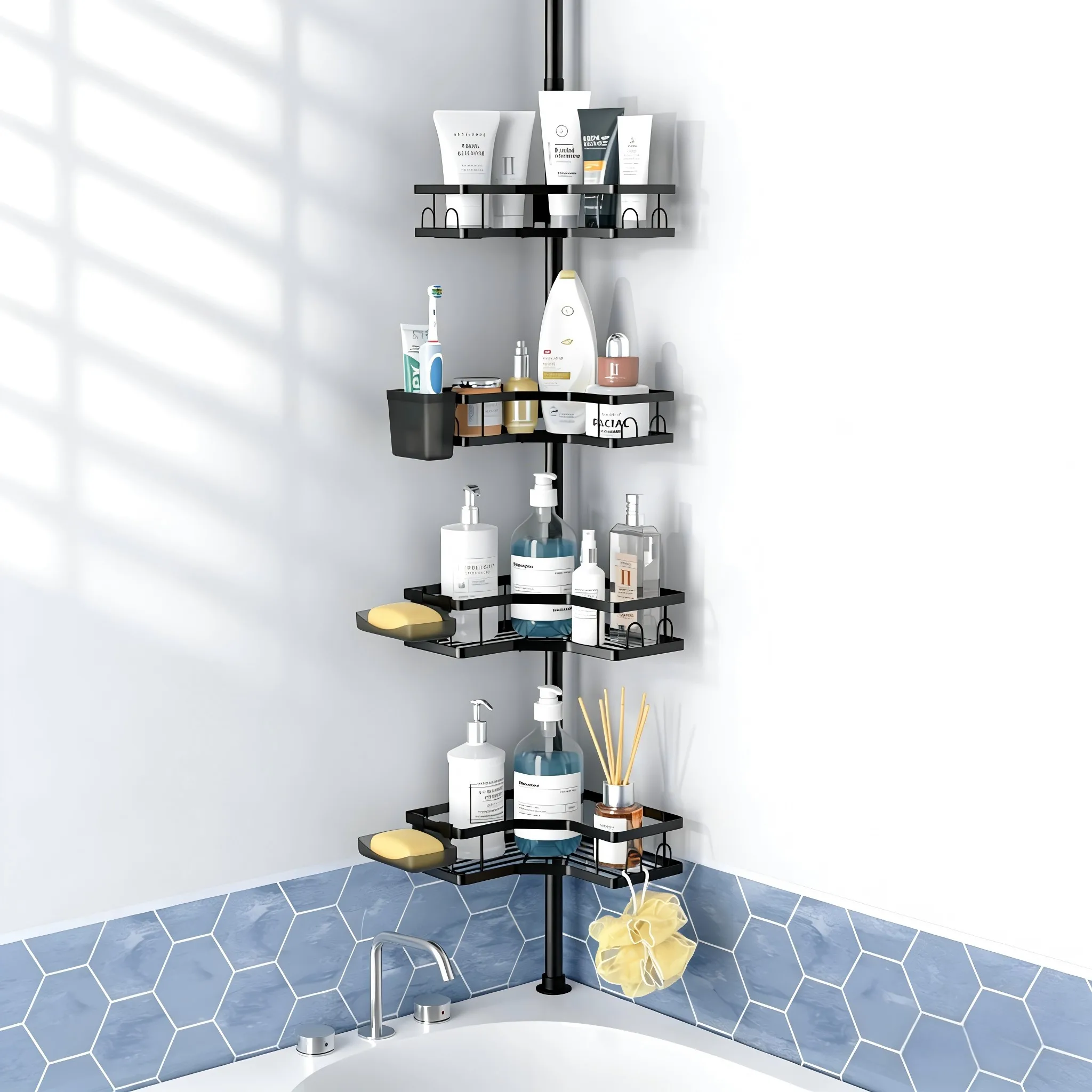 4-Tier Adjustable Telescopic Shower Rack, Caddy Corner Shower Shelf Bathroom Corner Storage, Space-Saving Organizer
