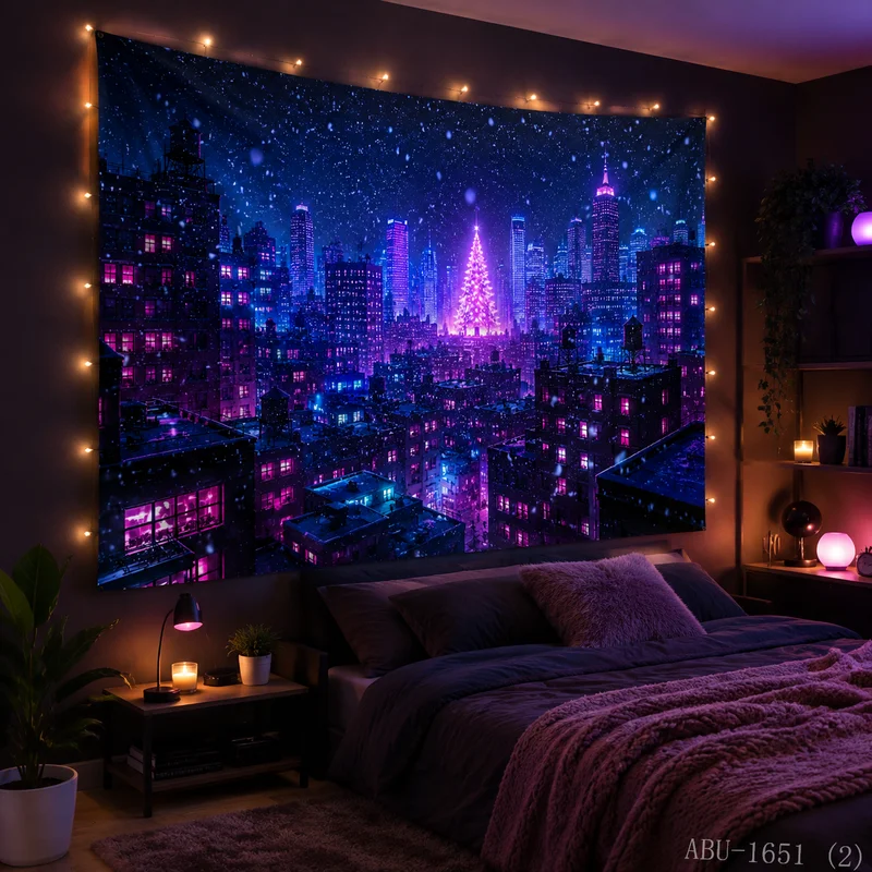 VIKAMA Neon Purple Blue Cyberpunk City Night Tree Skyscraper Snow Window Glow Urban Christmas Tapestry Wall Hanging Bedroom Soft