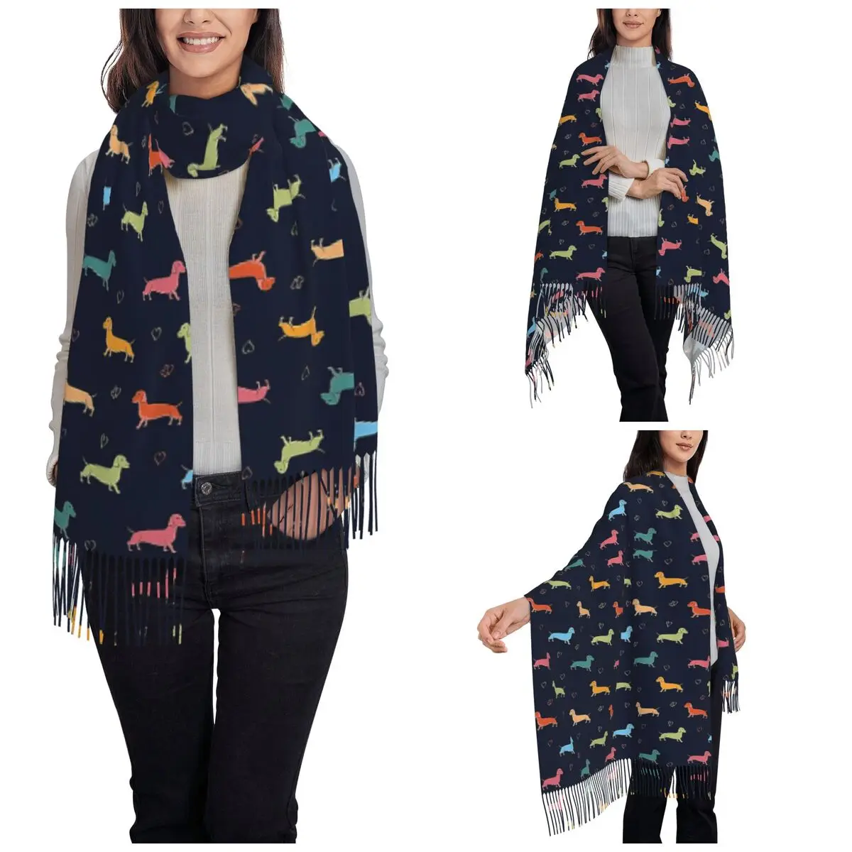 Womens Tassel Scarf Sausage Dog Long Super Soft Shawl and Wrap Dachshund Wiener Doxie Daily Wear Pashmina Scarves