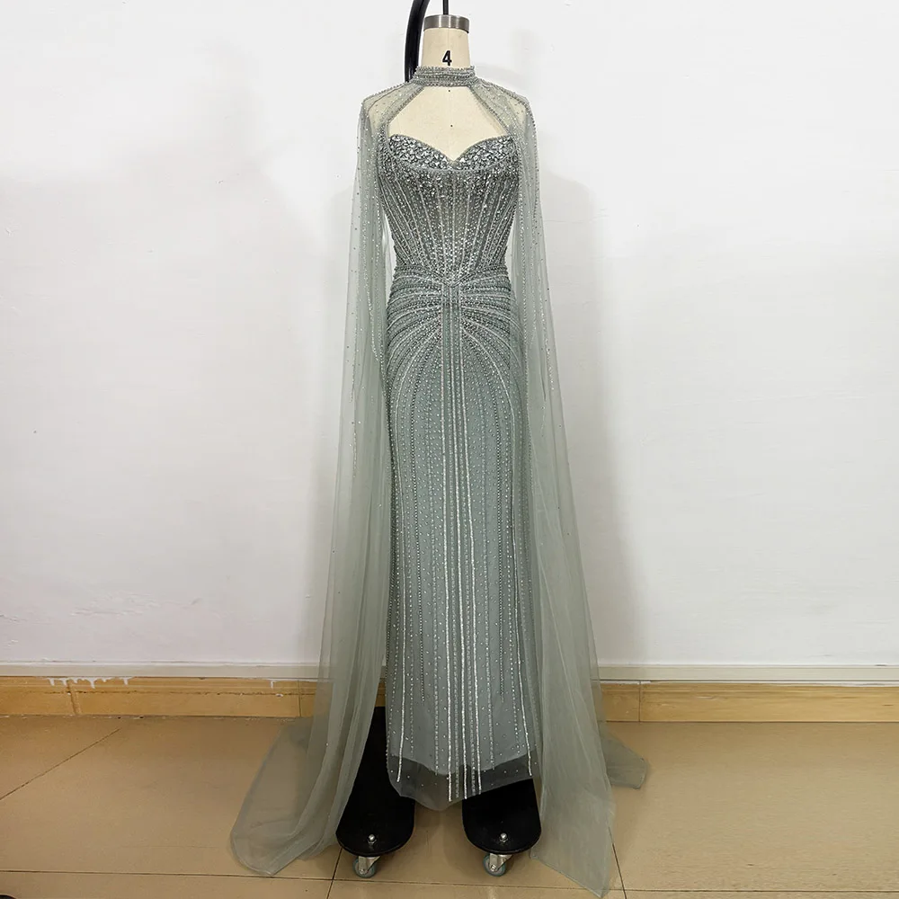 Elegante zeemeermin-avondjurk voor dames met capemouwen 2026 Dubai Arabia kralen lange formele gala- of bruiloftsjurk op maat gemaakt