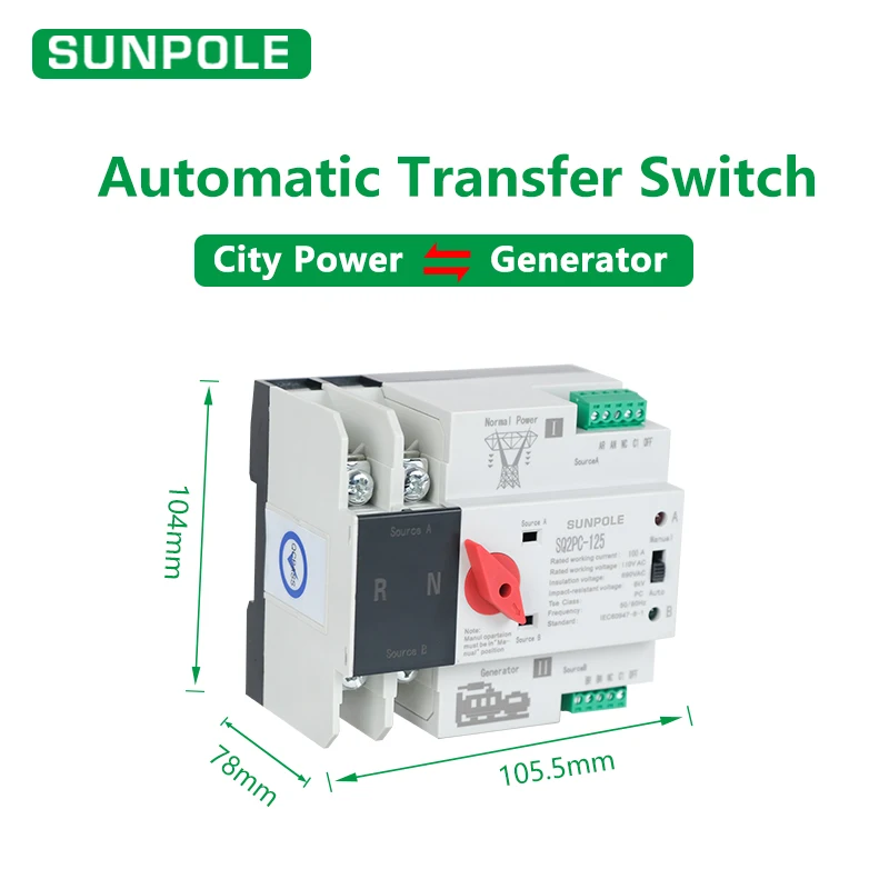 Dual Power Automatic Transfer Switch Mini Size ATS 2P 3P 4P 125A 220V Changeover Switch City Power To Generator