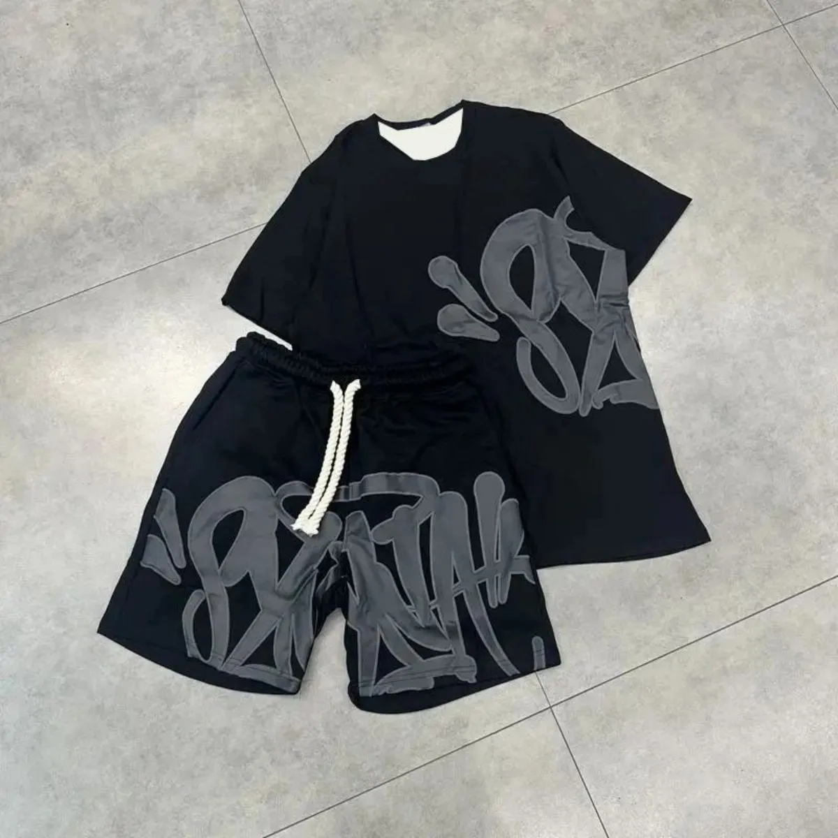 Nueva moda motocicleta americana hombres transpirable cuello redondo camiseta pantalones cortos moda impresa al aire libre Casual conjunto de dos piezas