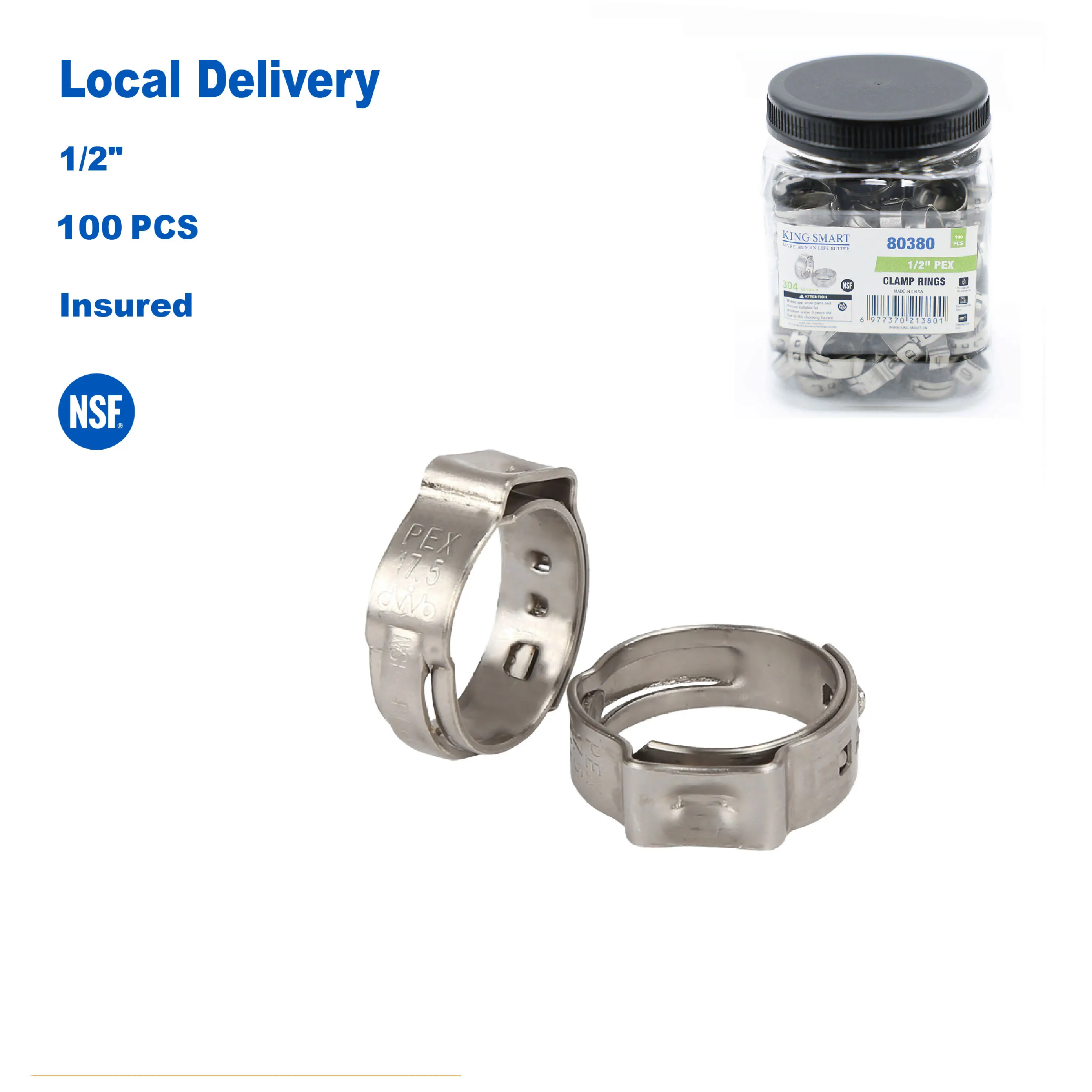 

KING SMART 1/2" PEX Stainless Steel Clamp Rings; Suitable for PEX B/C Pipe, PERT Pipe; 100 Pcs/Case; 80380