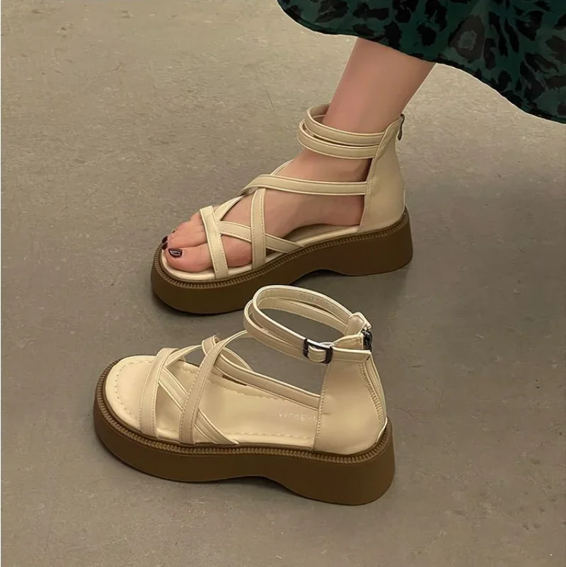 2023 Damesschoenen Groen Schoeisel Met Medium Hakken Zomer Romeinse Stijl Sandalen Voor Vrouw Platform Rits Nieuwe Ademende Mode