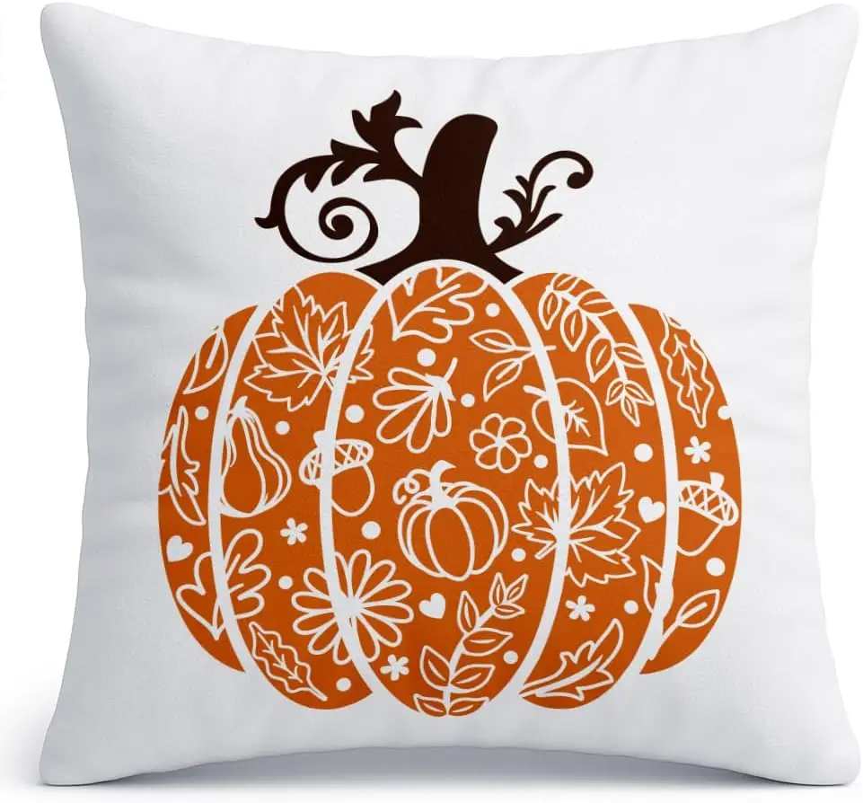 Fall Pumpkin Pillow Cover – 18x18 Decorative Autumn Throw Pillow with Floral Pumpkin, Orange Pumpkin for Living Room, Bedroom, F