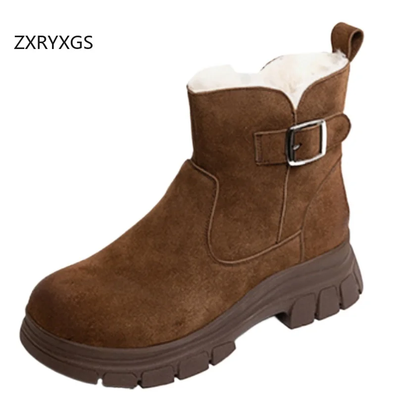 

ZXRYXGS 2025 New Winter Matte Cowhide with Wool Snow Boots Elegant Comfortable Warm Cotton Boots Wedges Thick Sole Women Boots