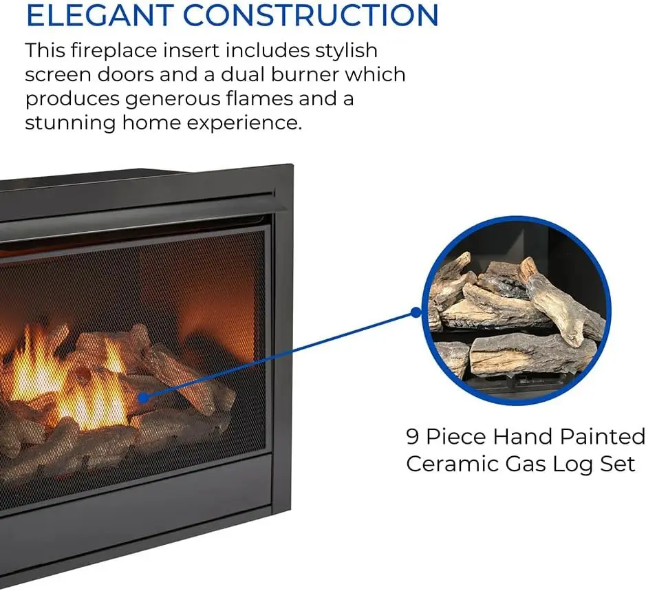 換気なしの二重燃料暖炉インサート,リモコン,9つの火災ログ,天然ガスまたは液体プロパンで使用,32000 btu,黒
