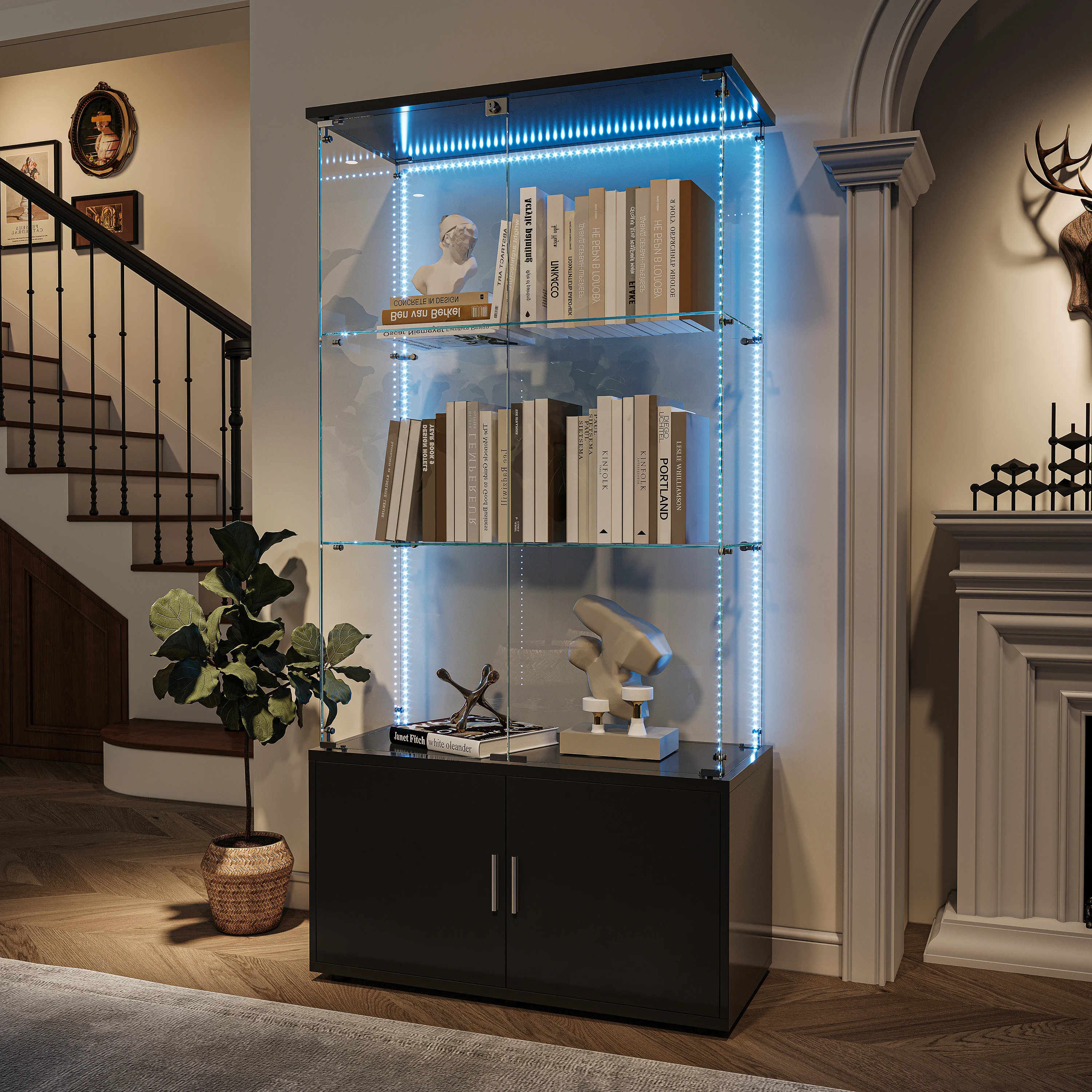 Vitrina de Vidrio de 3 Niveles Anajqaqia 78.5×35×164 cm + 1 Gabinete de Vidrio, Vitrina Moderna con Tira de LED y Espacio de Almacenamiento