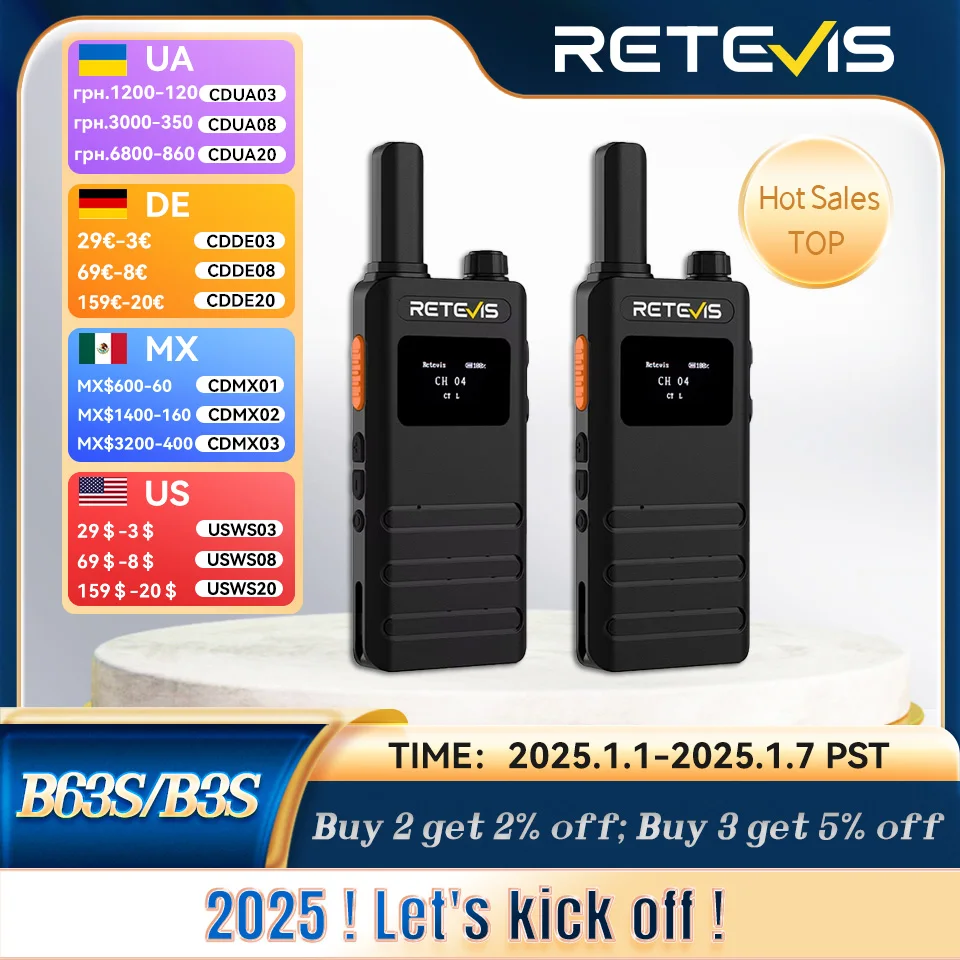 Walkie Talkie Retevis B63S con pantalla LCD Walkie-talkie ultrafino portátil PMR/FRS Radio bidireccional sin licencia carga tipo C